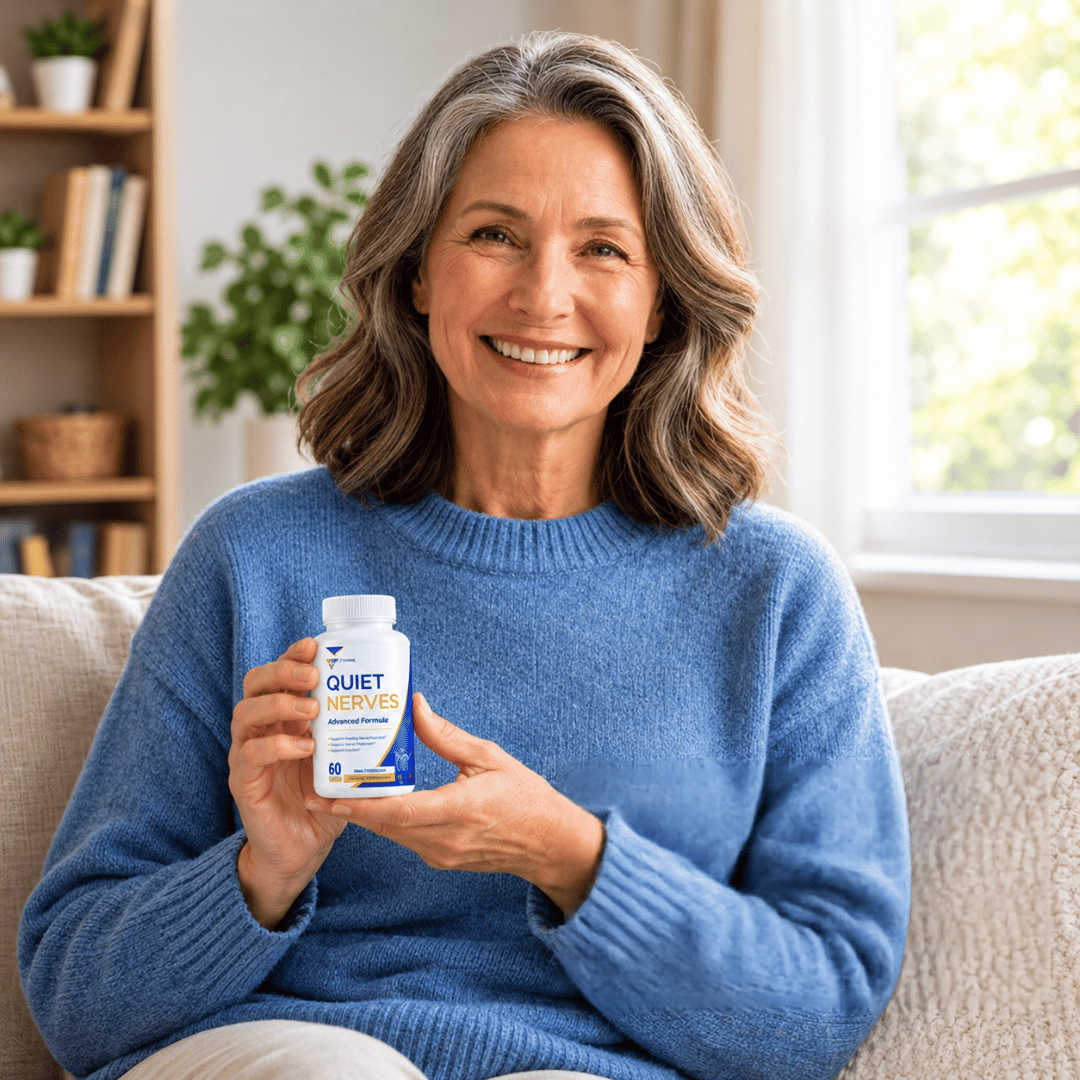 Woman of 60 sitting on a sofa in a warm living room, smiling, holding a bottle of Quiet Nerves with both hands