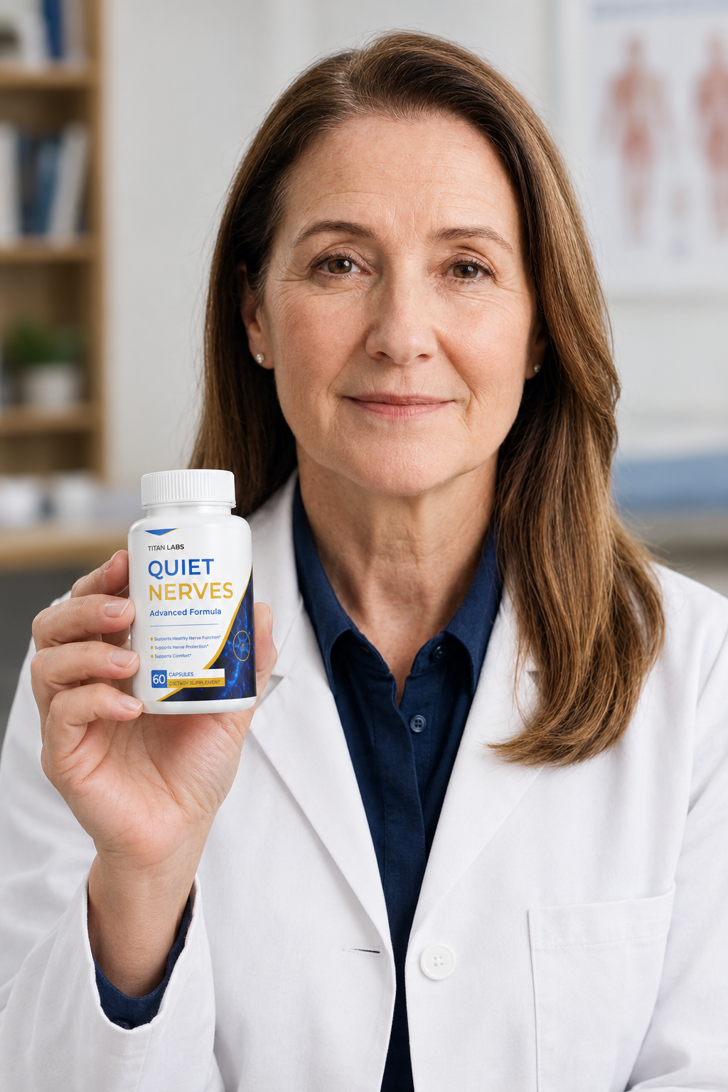 Provided promotional image of a presenter in a white coat holding Quiet Nerves